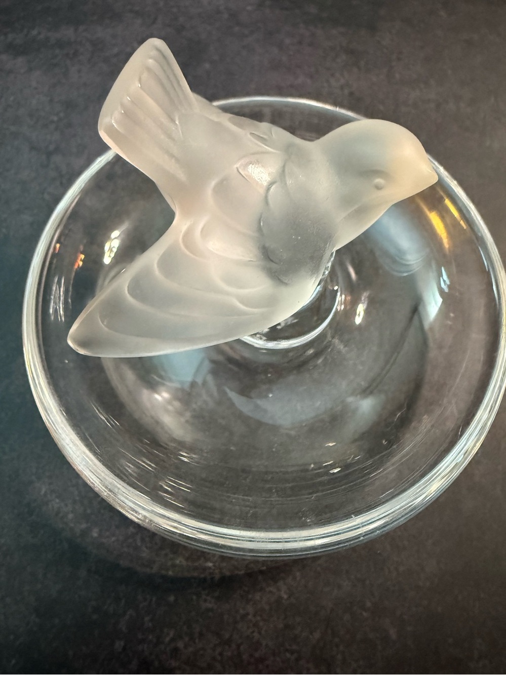 Vintage French Frosted Bird Crystal Ring Holder - signed